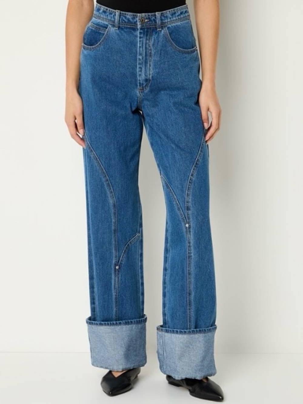 Laagam Dallas Denim Jeans Wide Leg High Waist Cuffed Hem Blue Sz 40 US 8